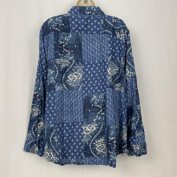 Chaps Top Women 3X Blue Patchwork Paisley Floral Bandana Print Button Front Boho - Picture 5 of 11